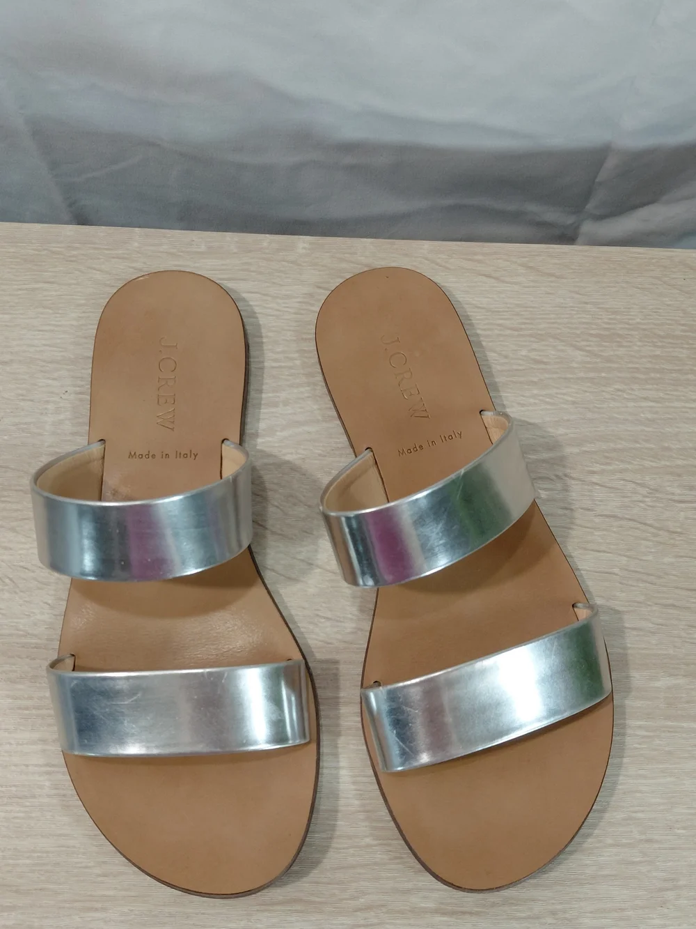 J. Crew Metallic Silver Double-Strap Slide Sandals